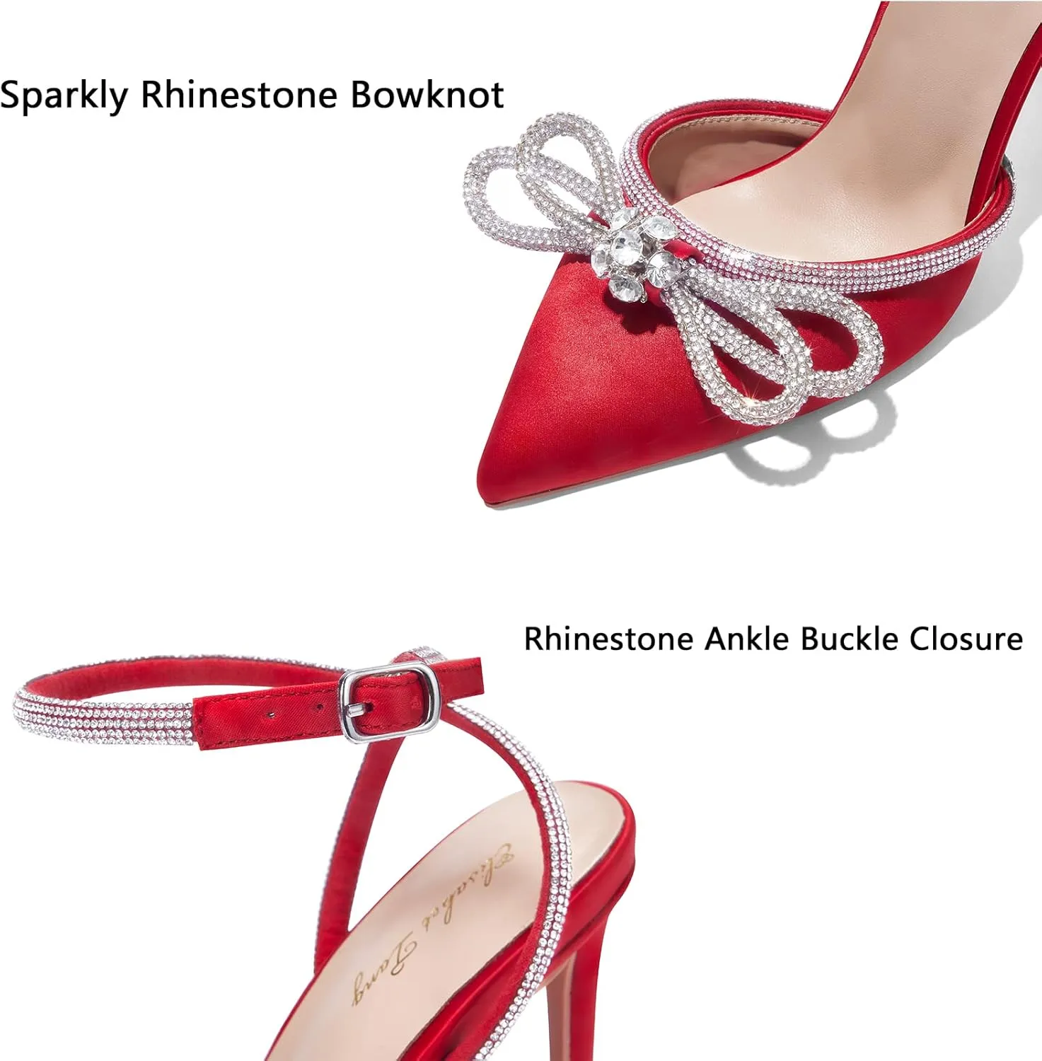 Elisabet Tang Women's High Heel Pumps,Satin Rhinestone Bowknot Lace Up Sandals Pointed Toe Ankle Buckle Straps Pump Stiletto Sandals