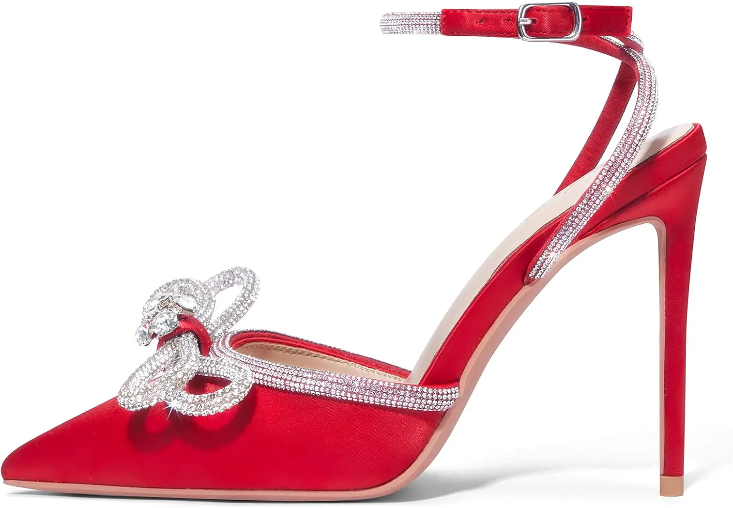 Elisabet Tang Women's High Heel Pumps,Satin Rhinestone Bowknot Lace Up Sandals Pointed Toe Ankle Buckle Straps Pump Stiletto Sandals