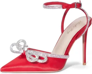 Elisabet Tang Women's High Heel Pumps,Satin Rhinestone Bowknot Lace Up Sandals Pointed Toe Ankle Buckle Straps Pump Stiletto Sandals