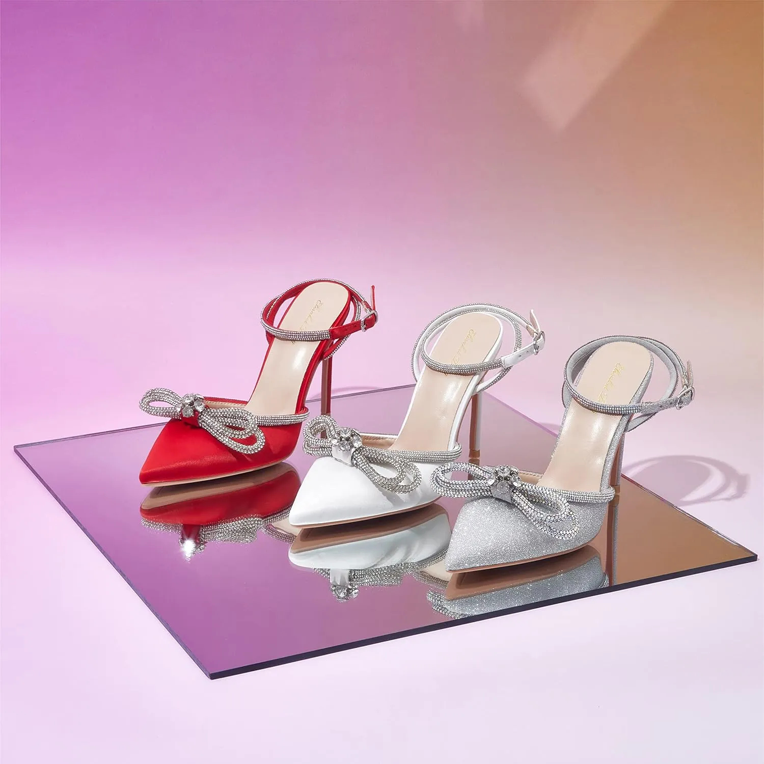 Elisabet Tang Women's High Heel Pumps,Satin Rhinestone Bowknot Lace Up Sandals Pointed Toe Ankle Buckle Straps Pump Stiletto Sandals