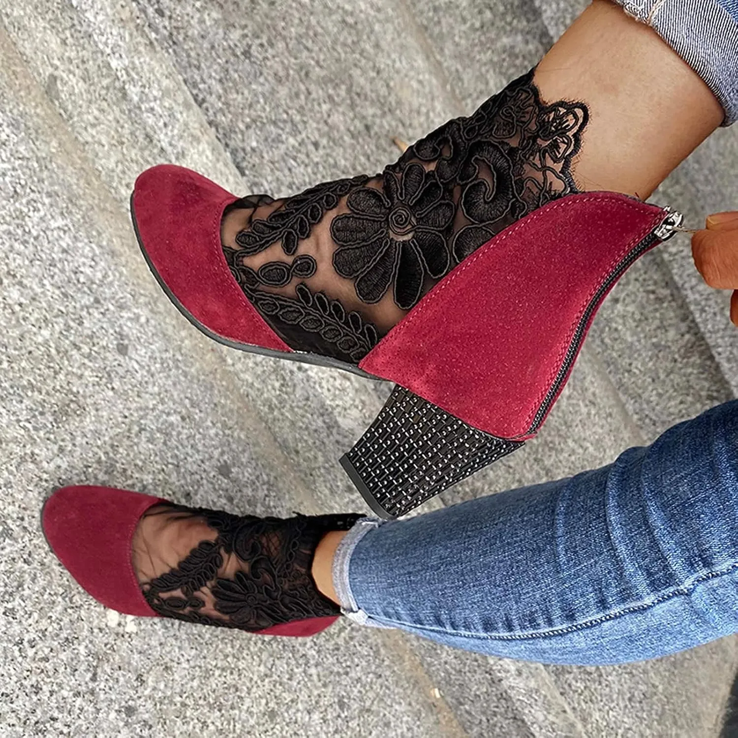 EMRELOD Low Ankle Sandals for Women Style Breathable Zipper Ethnic Sandals Casual Flowers Low Block Heels Chunky Yarn Heel Net Comfortable Sandals Shoes Women (Red, 9)