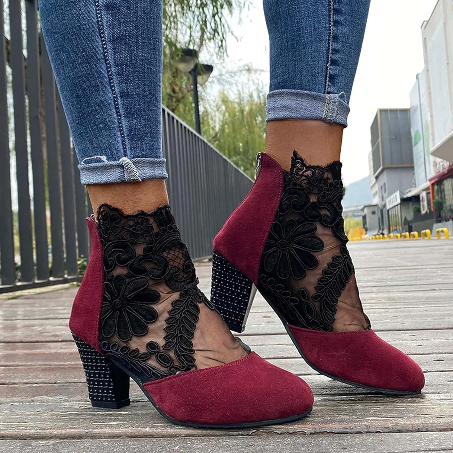 EMRELOD Low Ankle Sandals for Women Style Breathable Zipper Ethnic Sandals Casual Flowers Low Block Heels Chunky Yarn Heel Net Comfortable Sandals Shoes Women (Red, 9)