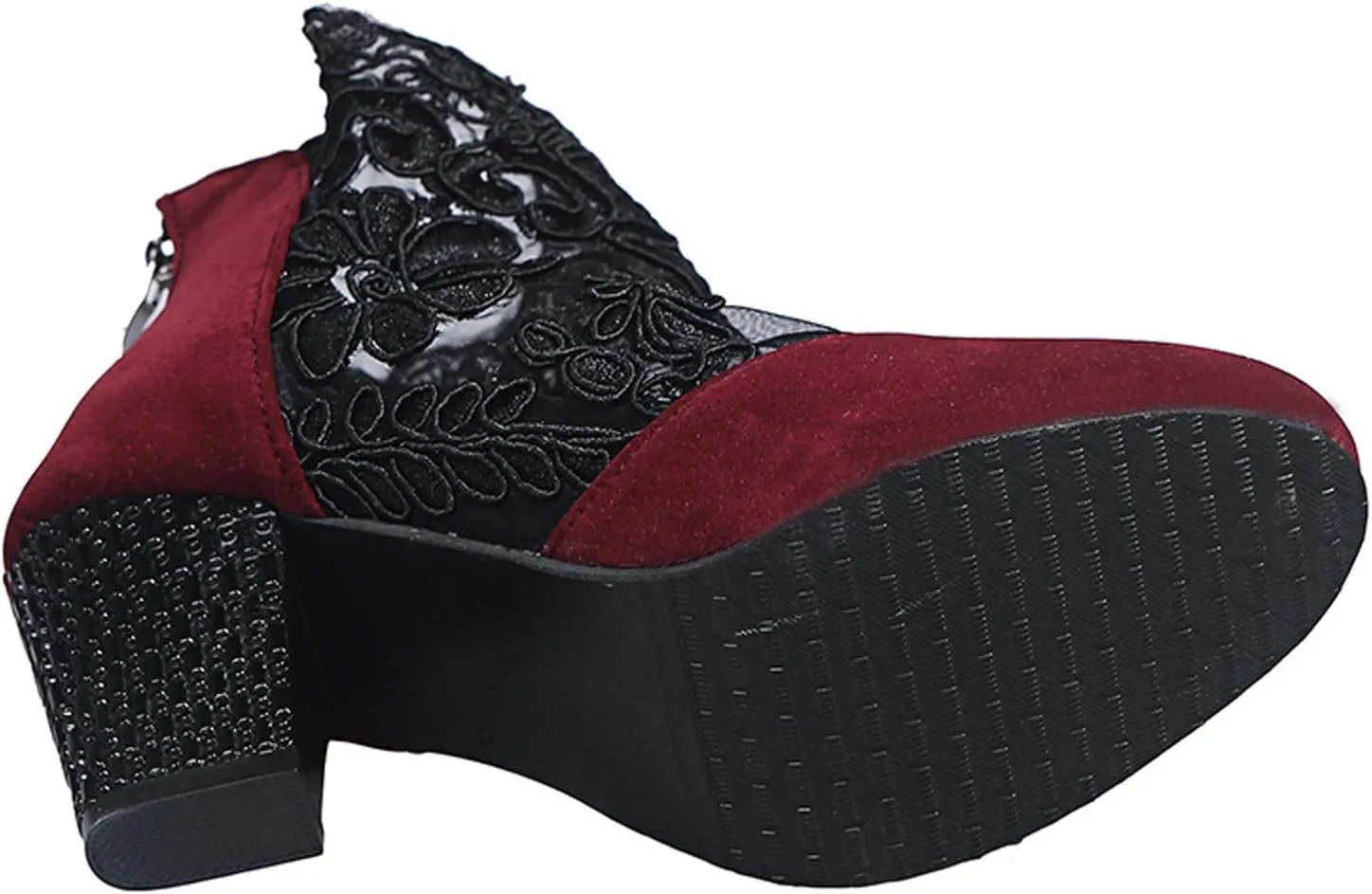 EMRELOD Low Ankle Sandals for Women Style Breathable Zipper Ethnic Sandals Casual Flowers Low Block Heels Chunky Yarn Heel Net Comfortable Sandals Shoes Women (Red, 9)