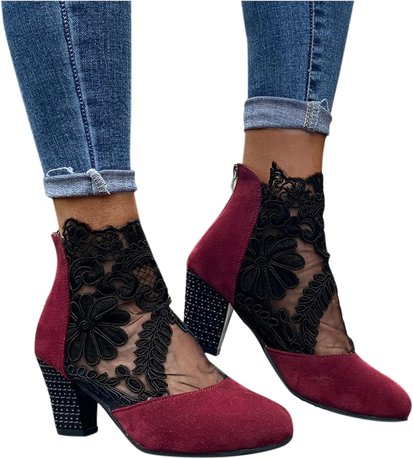 EMRELOD Low Ankle Sandals for Women Style Breathable Zipper Ethnic Sandals Casual Flowers Low Block Heels Chunky Yarn Heel Net Comfortable Sandals Shoes Women (Red, 9)