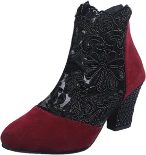 EMRELOD Low Ankle Sandals for Women Style Breathable Zipper Ethnic Sandals Casual Flowers Low Block Heels Chunky Yarn Heel Net Comfortable Sandals Shoes Women (Red, 9)