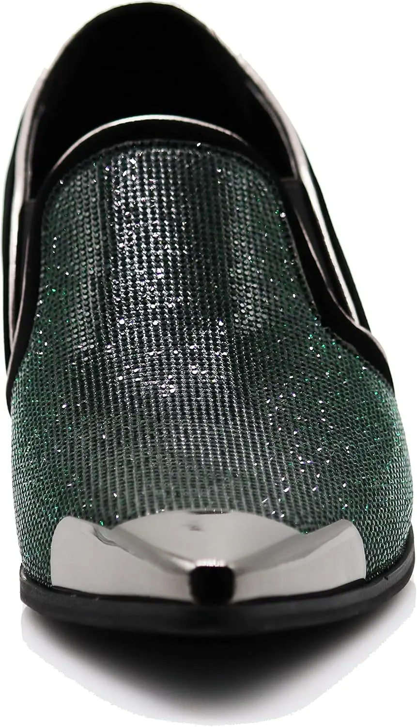 Enzo Romeo Crisiano Men Rhinestone Chrome Toe Suede Pointy Dress Loafer Slip On Shoes