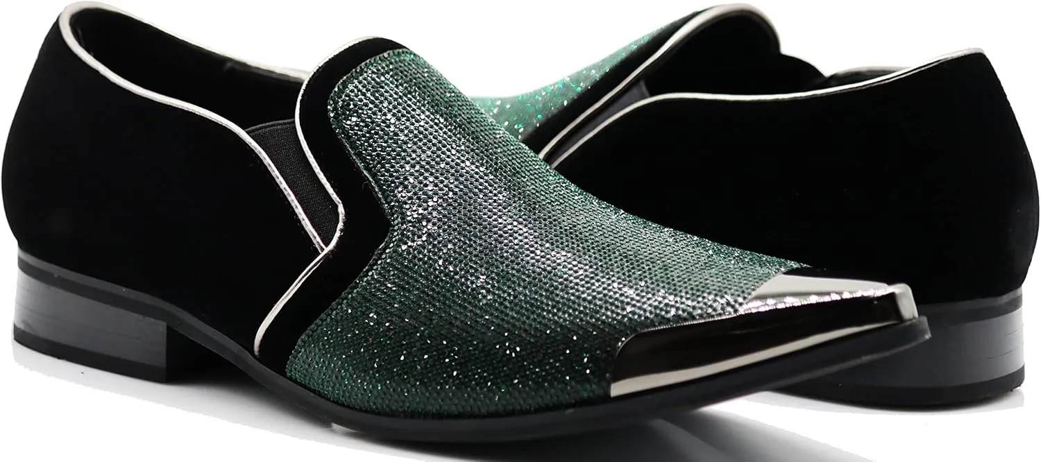 Enzo Romeo Crisiano Men Rhinestone Chrome Toe Suede Pointy Dress Loafer Slip On Shoes
