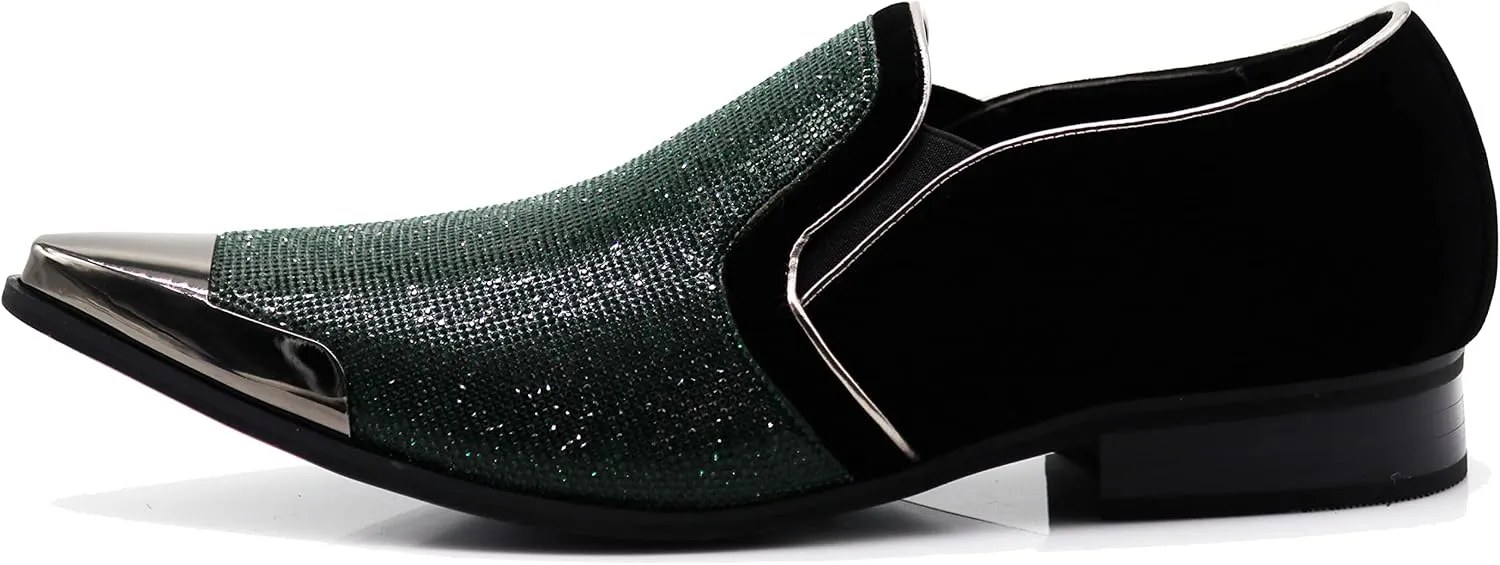 Enzo Romeo Crisiano Men Rhinestone Chrome Toe Suede Pointy Dress Loafer Slip On Shoes