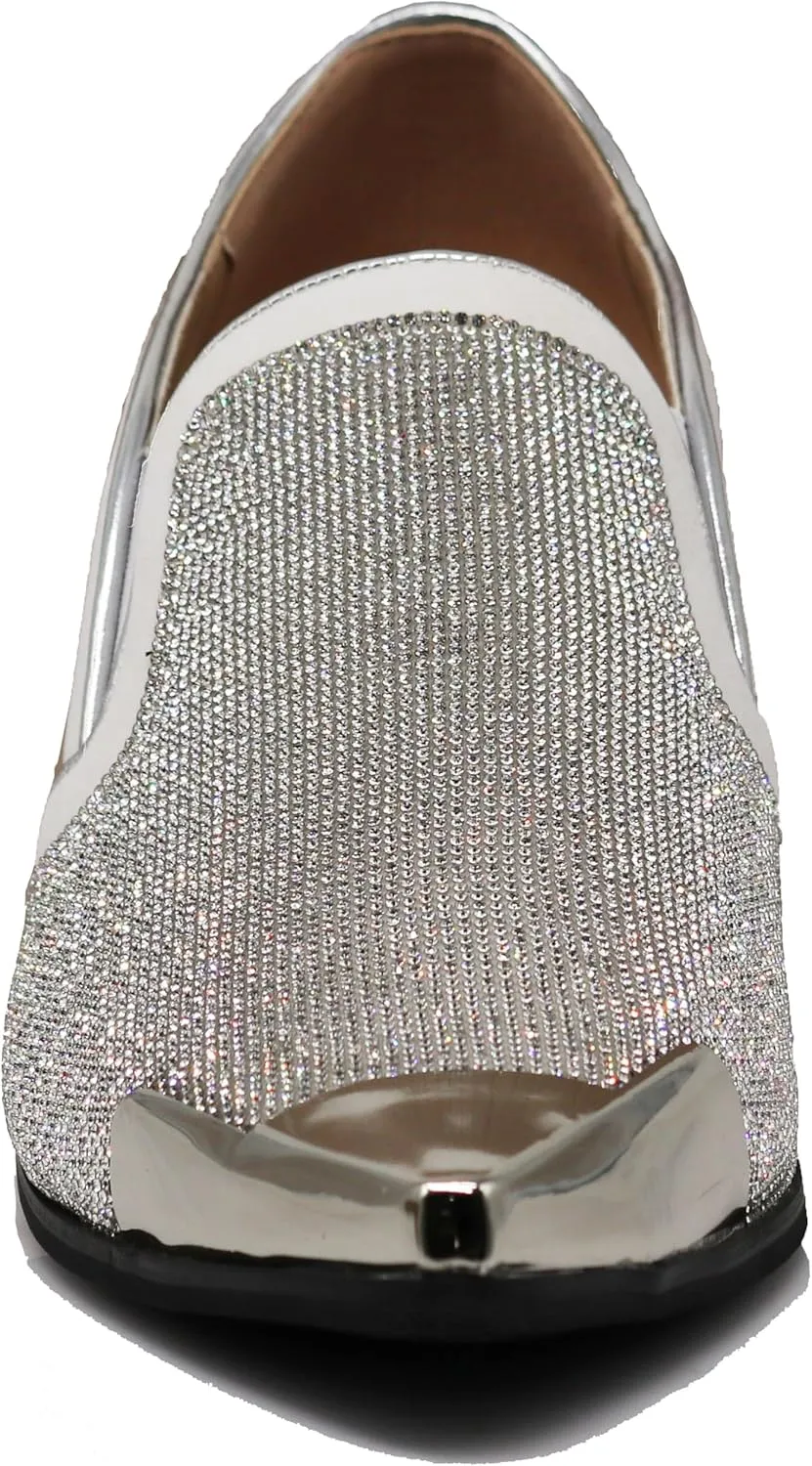 Enzo Romeo Crisiano Men Rhinestone Chrome Toe Suede Pointy Dress Loafer Slip On Shoes