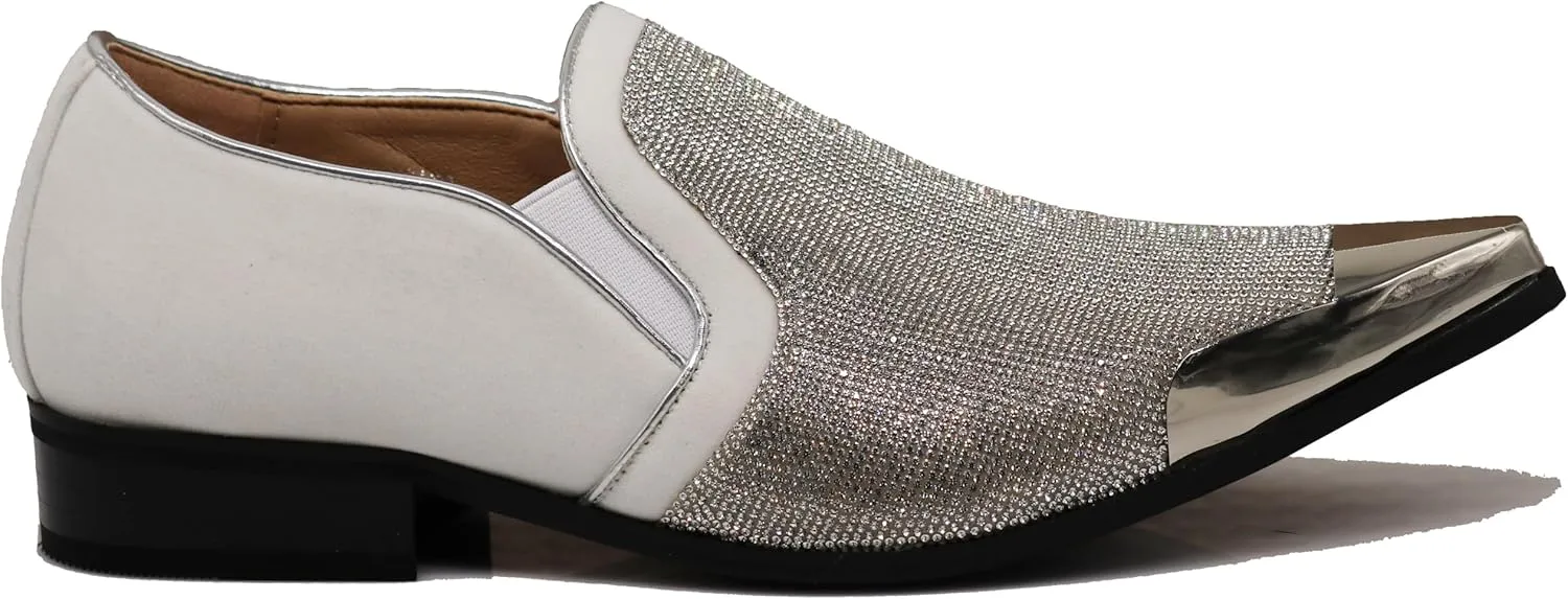 Enzo Romeo Crisiano Men Rhinestone Chrome Toe Suede Pointy Dress Loafer Slip On Shoes