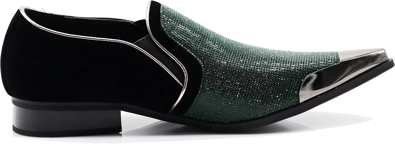 Enzo Romeo Crisiano Men Rhinestone Chrome Toe Suede Pointy Dress Loafer Slip On Shoes