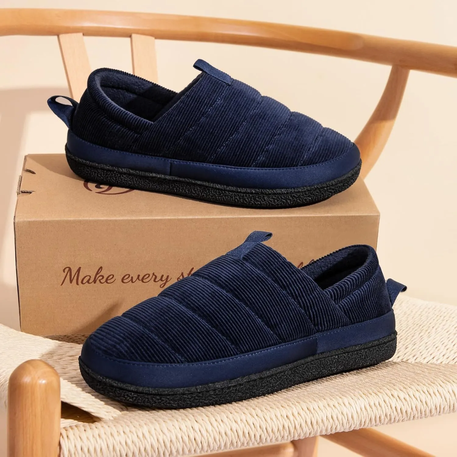 EverFoams Men's Quilted Slippers Soft Comfy Corduroy Closed-back Indoor Outdoor Memory Foam House Shoes