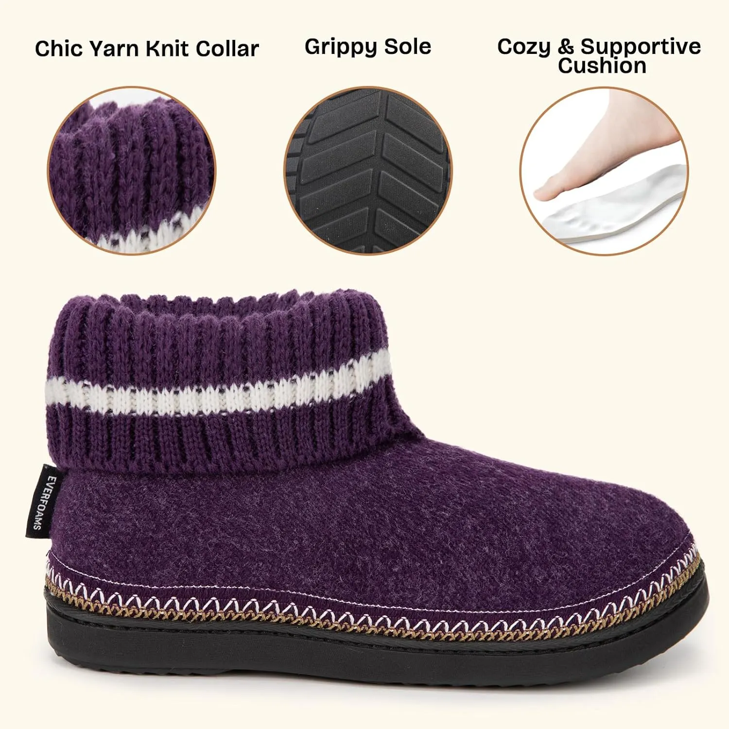 EverFoams Women's Bootie Slippers Non-slip Comfy Winter Indoor House Shoes with Knitted Collar