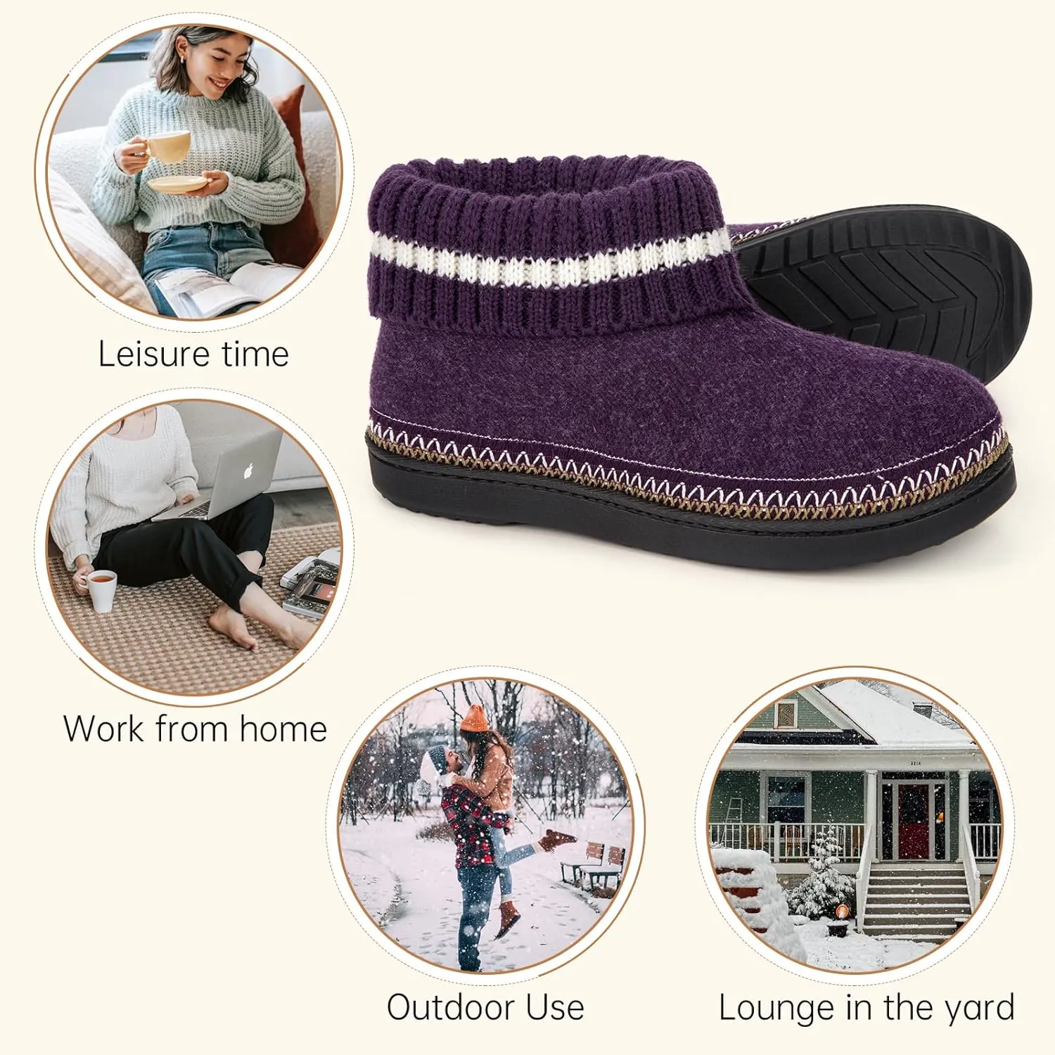 EverFoams Women's Bootie Slippers Non-slip Comfy Winter Indoor House Shoes with Knitted Collar