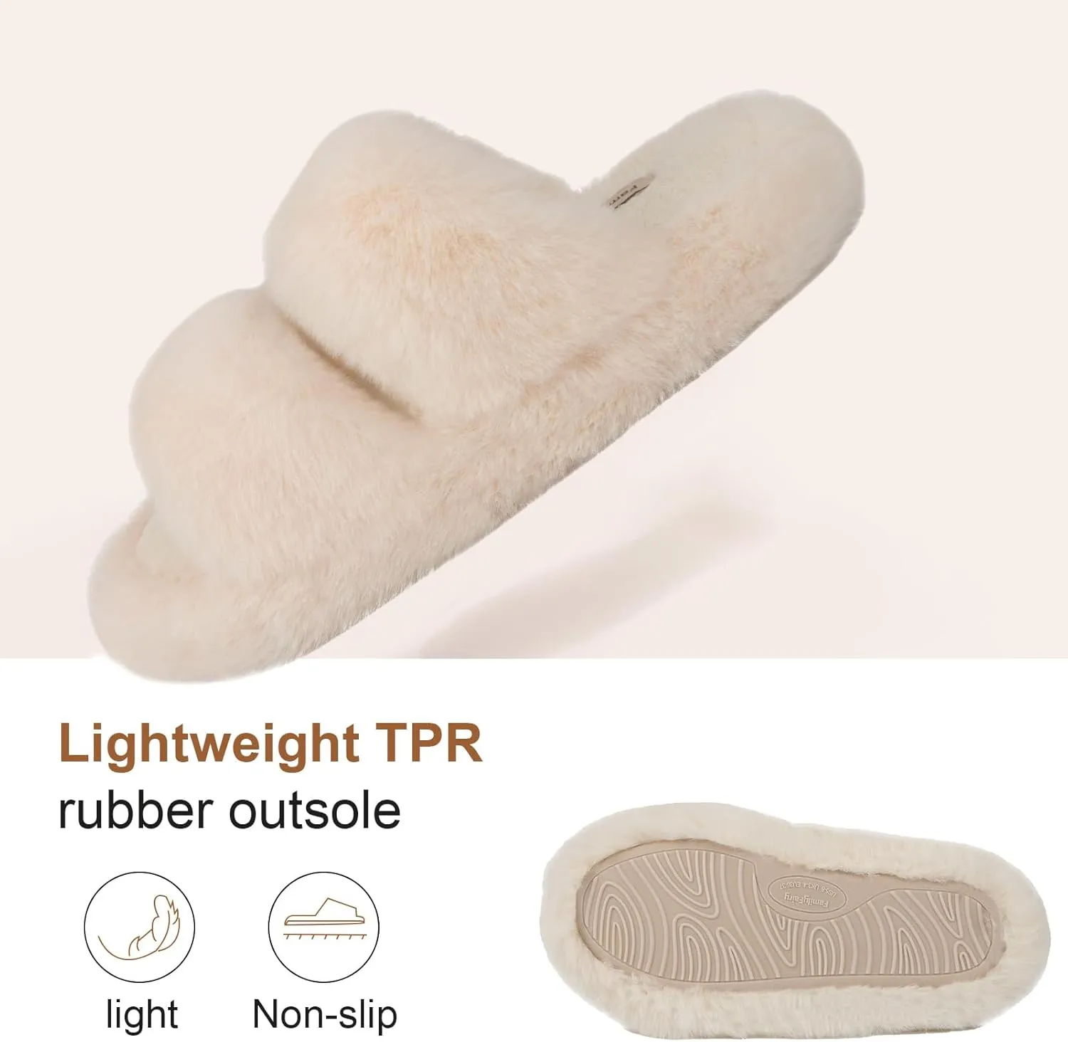 FamilyFairy Women's Fluffy Faux Fur Slippers Comfy Open Toe Two Band Slides with Fleece Lining and Rubber Sole