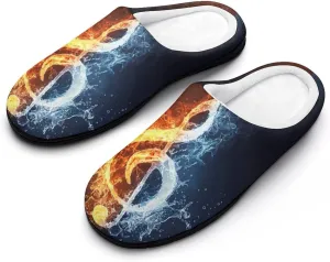 Fire Water Music Note Men's Cotton Slippers Closed Toe House Shoes Non-Slip Lightweight Slippers for Indoor Outdoor
