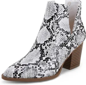 FISACE Womens Pointed Toe Stacked Mid Heel Ankle Boots V Cut Back Zipper Faux Leather Booties