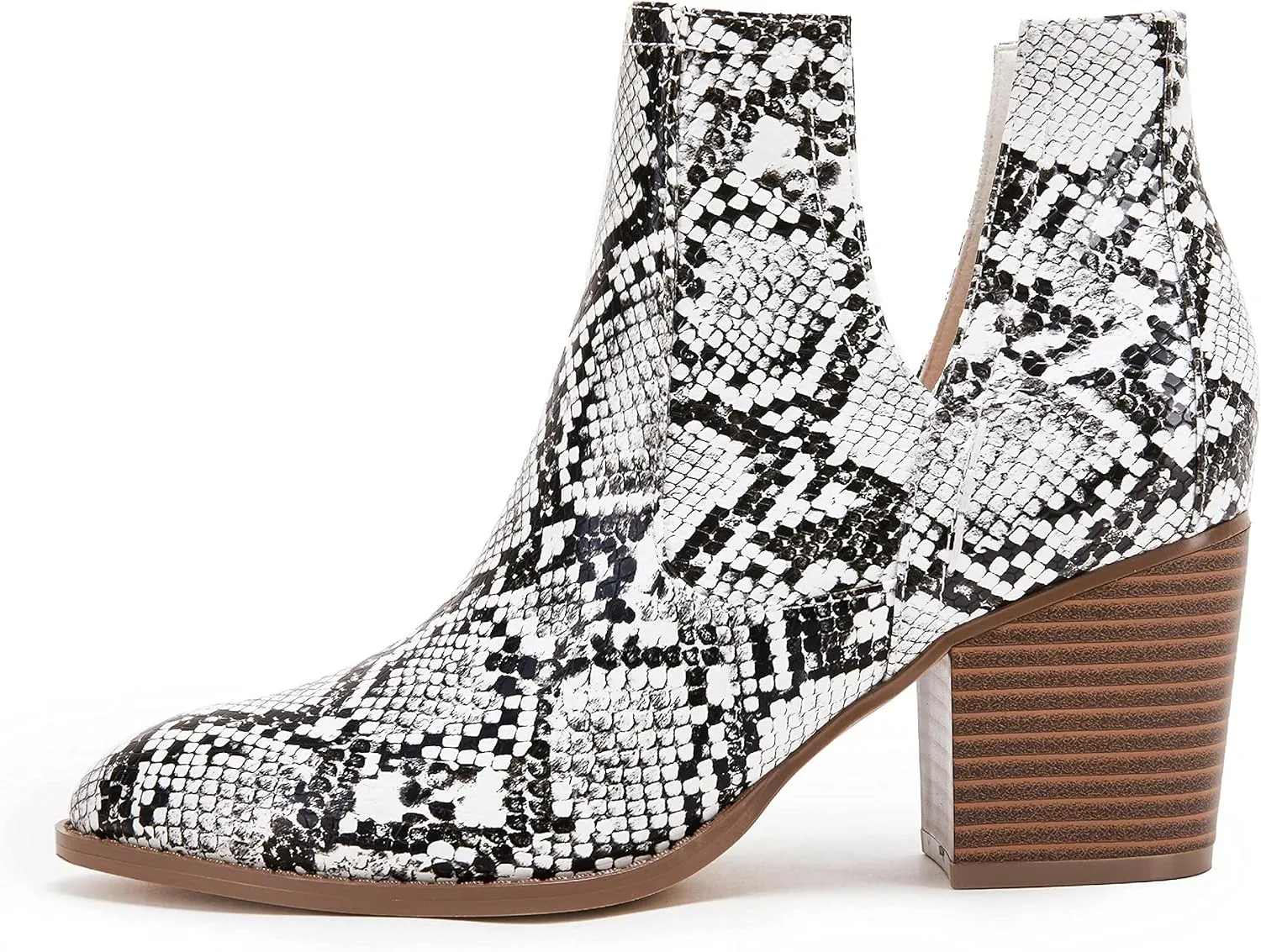 FISACE Womens Pointed Toe Stacked Mid Heel Ankle Boots V Cut Back Zipper Faux Leather Booties