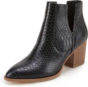 FISACE Womens Pointed Toe Stacked Mid Heel Ankle Boots V Cut Back Zipper Faux Leather Booties