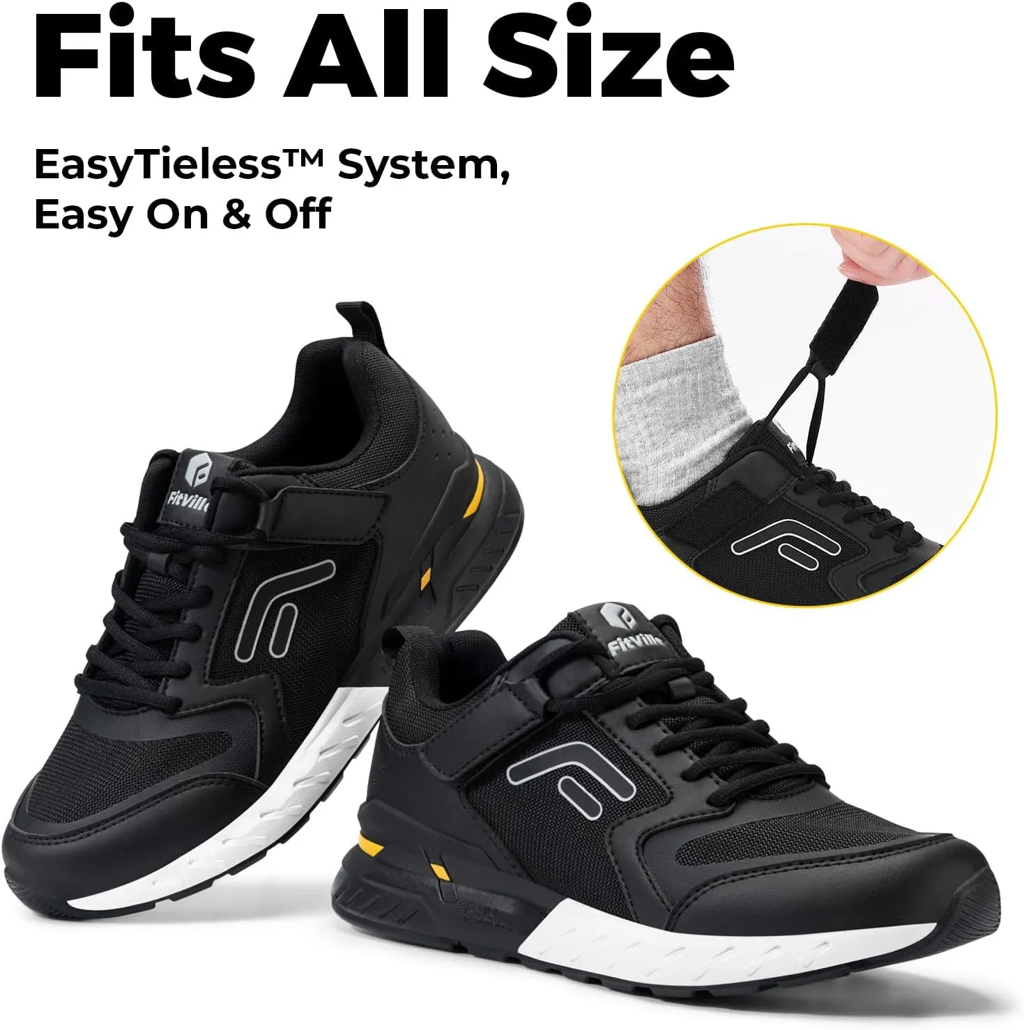 FitVille Men's Walking Shoes Wide Width Diabetic Shoes Orthopedic Sneaker Hook and Loop Running Shoes for Flat Feet Plantar Fasciitis - Rebound Core V7