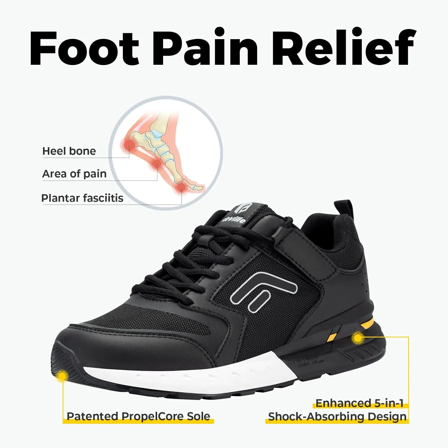 FitVille Men's Walking Shoes Wide Width Diabetic Shoes Orthopedic Sneaker Hook and Loop Running Shoes for Flat Feet Plantar Fasciitis - Rebound Core V7