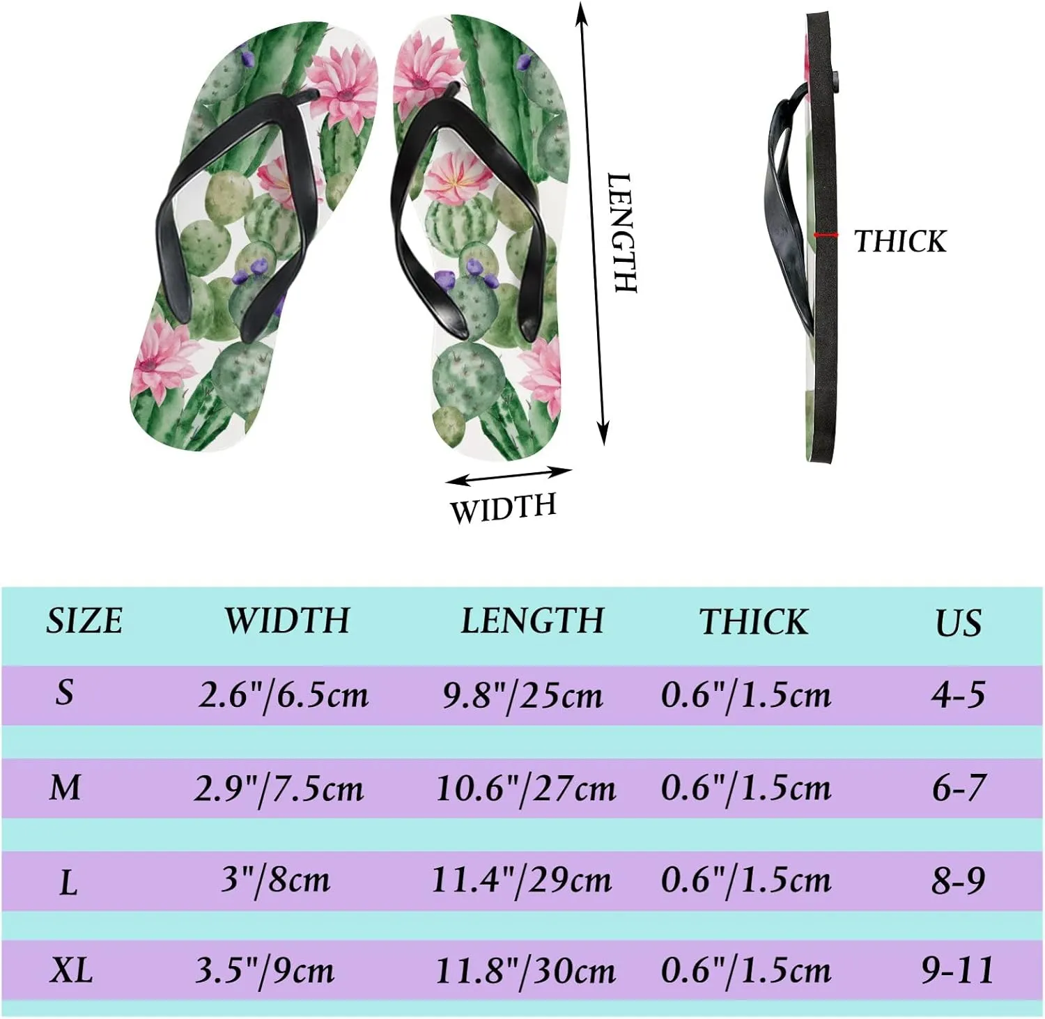 Flip Flops for Women Girls Watercolor Cactus Flower Summer Casual Thong Slippers Slide Flat Sandals for Beach
