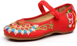 Floral Handmade Embroidered Shoes for Women Comfortable Loafer Black Casual Round Toe Mary Jane Ballet Flats Shoes