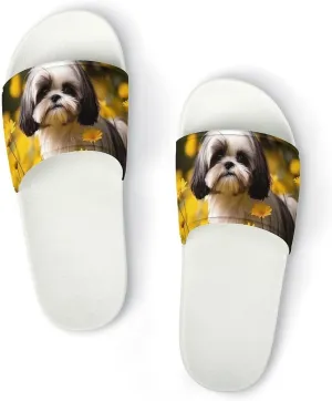 Flower Field Cute Shih Tzu Dog Open Toe Slippers for Women And Men Non Slip Shower Slippers Home Slippers