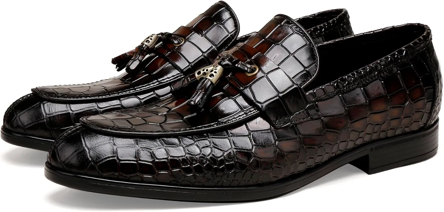 Formal Dress Shoes for Mens, Premium Crocodile Printed Mens Leather Slip on Dress Shoes, Party Wedding Shoes Bit Loafer