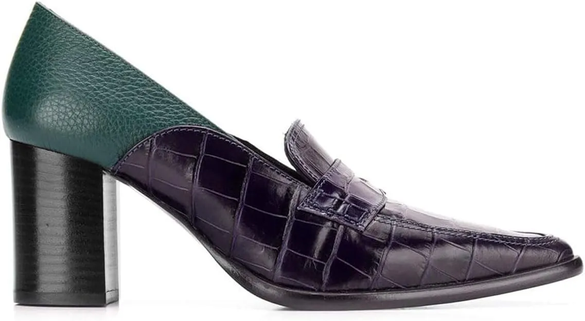 FOWT Ladies Chic Crocodile Loafers High Block Heel Slip On Pumps Woman Patchwork Textured Shoes for Meeting Career and Office Size US 4-16