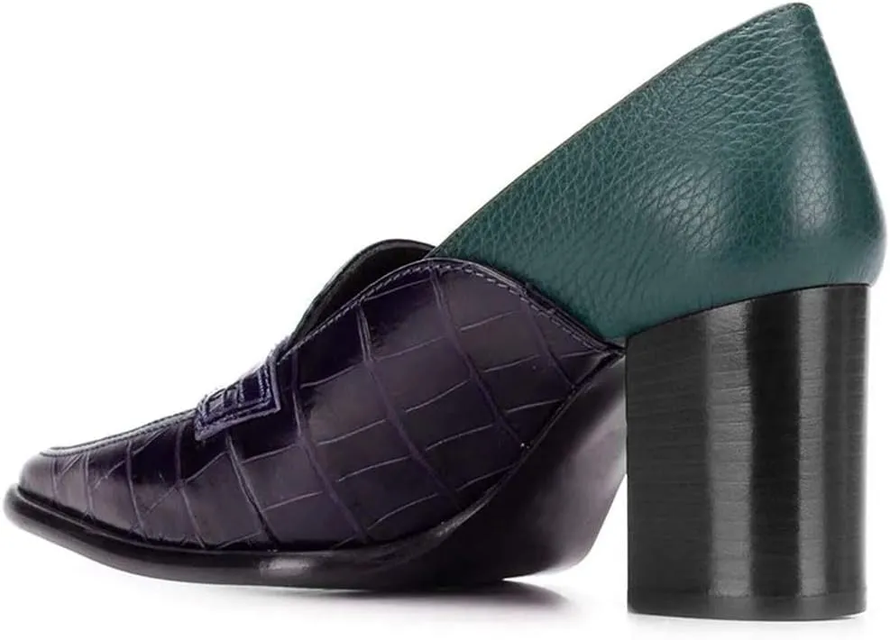 FOWT Ladies Chic Crocodile Loafers High Block Heel Slip On Pumps Woman Patchwork Textured Shoes for Meeting Career and Office Size US 4-16