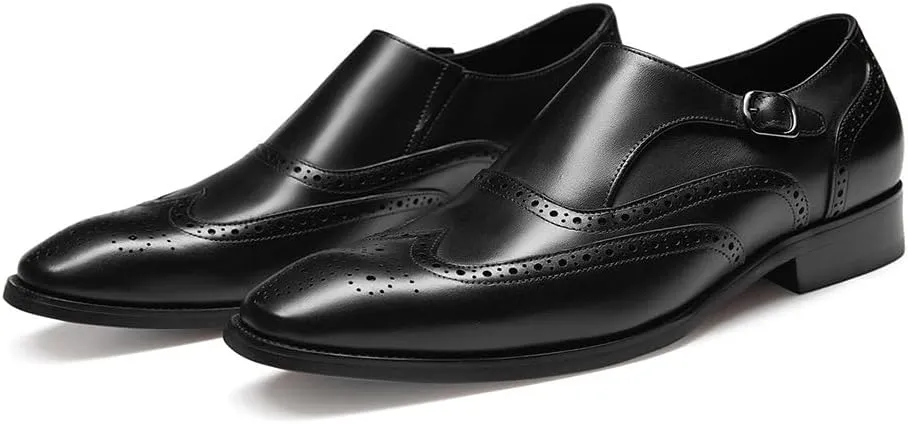 FRASOICUS Men ’s Dress Shoes Genuine Leather Monk Strap Wingtip Formal Shoes Slip-On Loafer