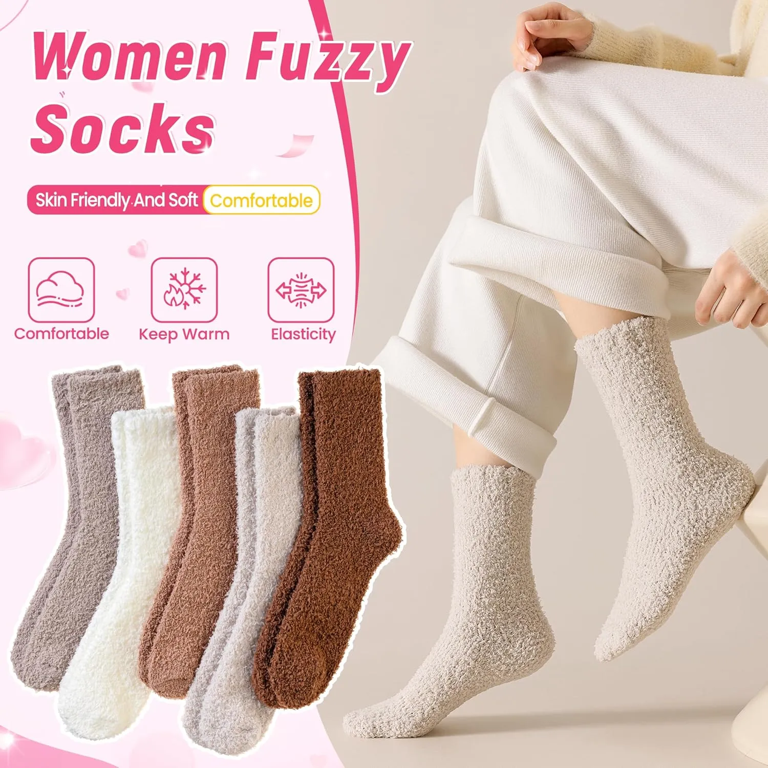 Fuzzy Socks for Womens Warm Fluffy Winter Cozy Thick Plush Slipper Sleep Comfy Crew Christmas Socks 5 Pairs