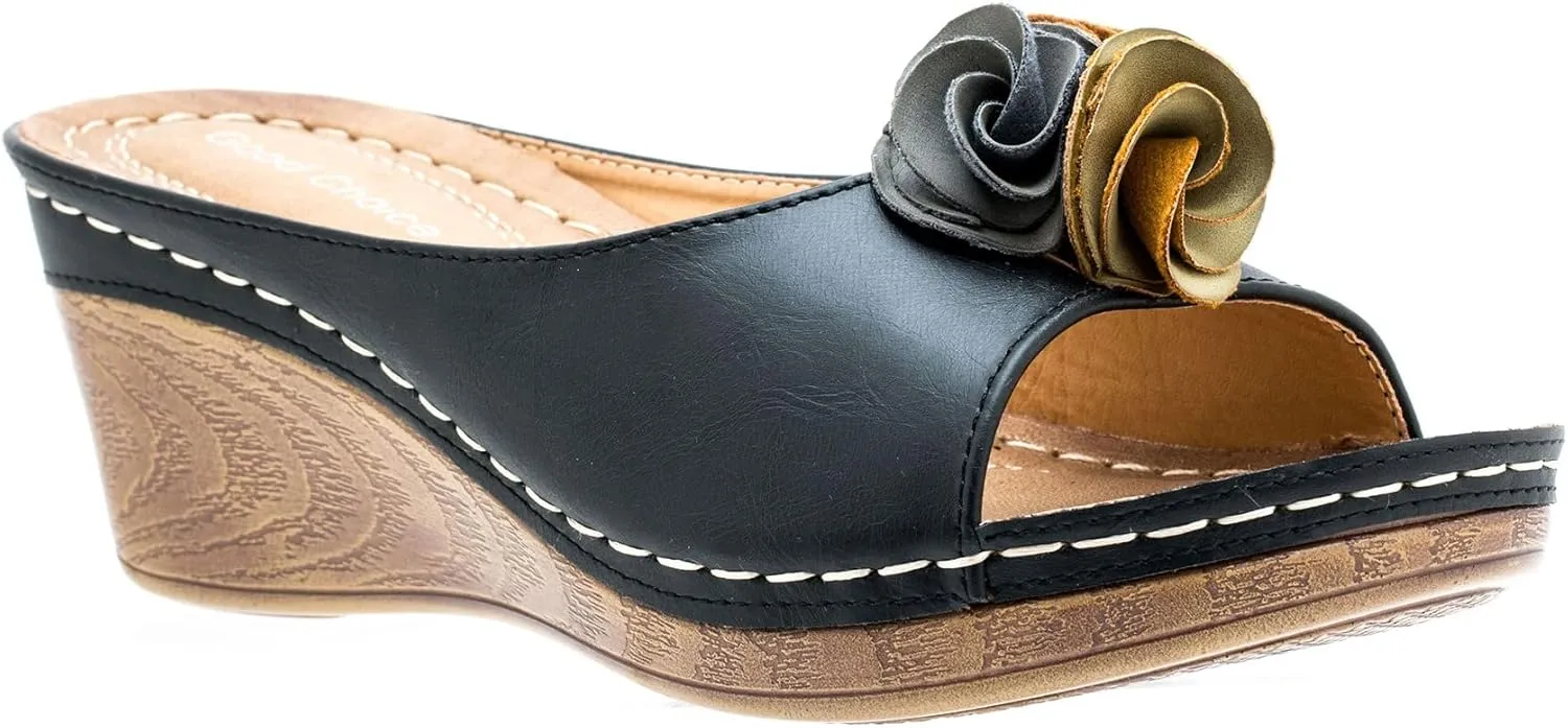 GC Shoes Womens Wedge Sandals, Open Toe Mid Heel Platform, Comfy Vegan Leather Flower Strap Thong, Flora