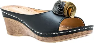 GC Shoes Womens Wedge Sandals, Open Toe Mid Heel Platform, Comfy Vegan Leather Flower Strap Thong, Flora