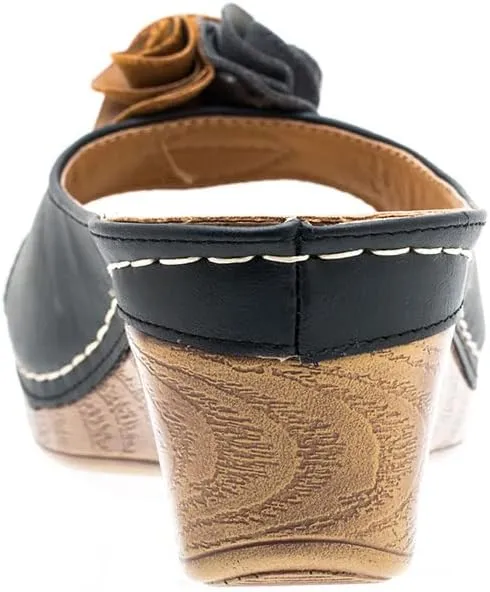 GC Shoes Womens Wedge Sandals, Open Toe Mid Heel Platform, Comfy Vegan Leather Flower Strap Thong, Flora