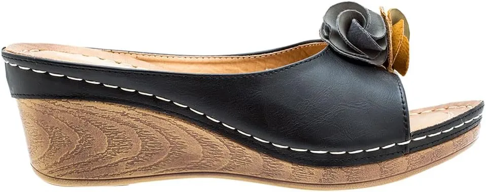 GC Shoes Womens Wedge Sandals, Open Toe Mid Heel Platform, Comfy Vegan Leather Flower Strap Thong, Flora