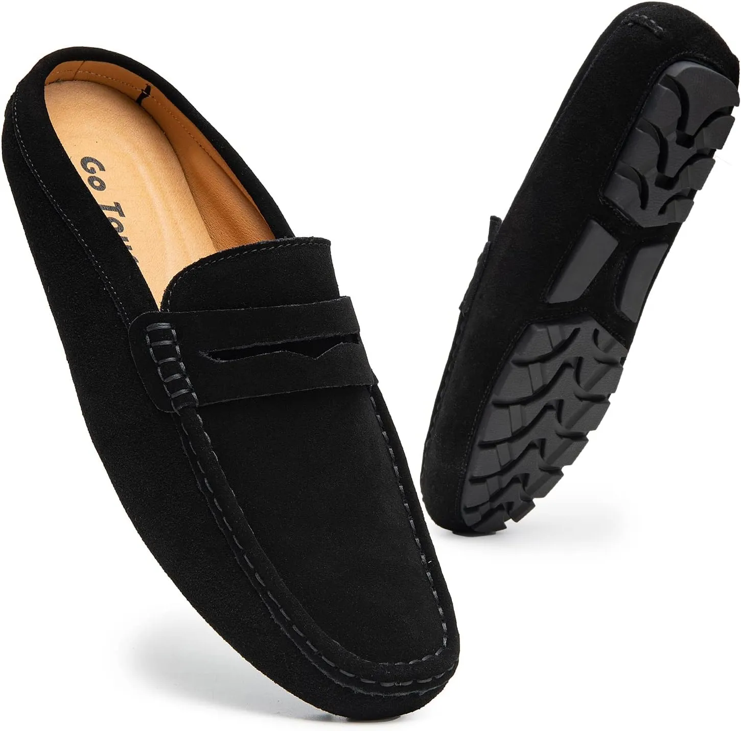 Go Tour Mens Handmade Suede Leather Mules Clog Slippers Breathable Leather Slip on Shoes Casual Loafers