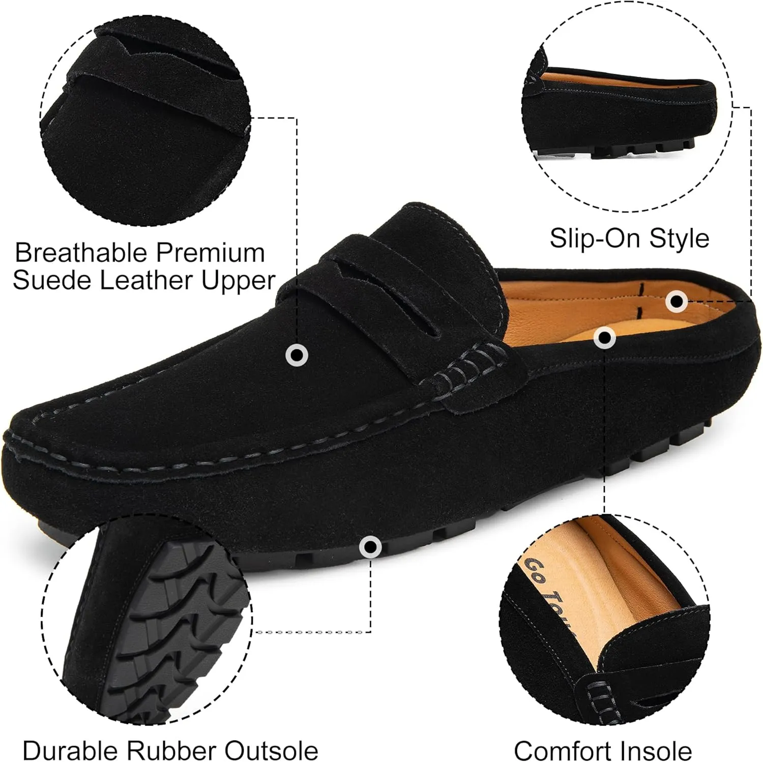 Go Tour Mens Handmade Suede Leather Mules Clog Slippers Breathable Leather Slip on Shoes Casual Loafers