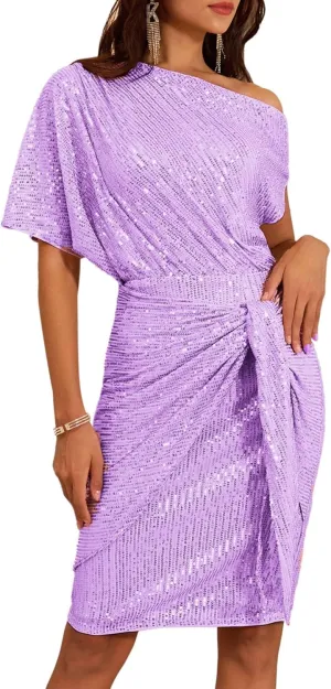 GRACE KARIN Women's Sequin Sparkly Glitter Party Club Dress One Shoulder Ruched Cocktail Bodycon Dress