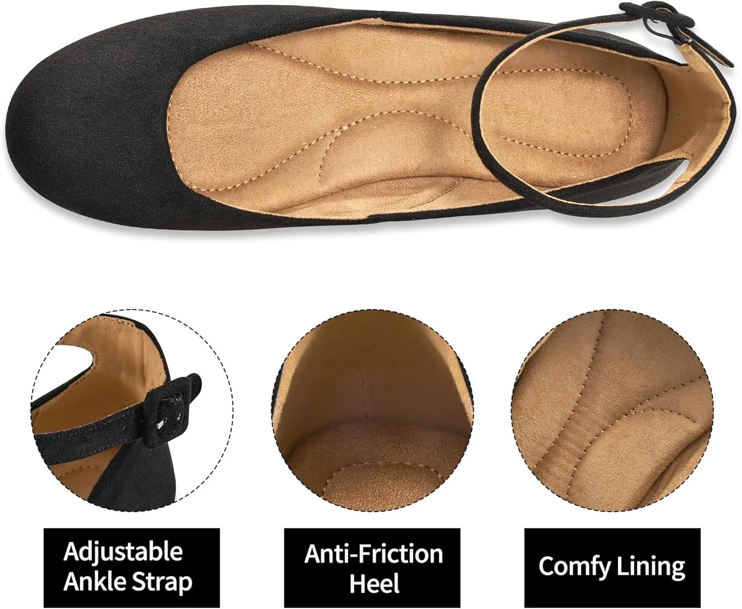 HARENCE Ballet Flats Shoes for Women: Comfortable Round Toe Ankle Strap Slip on Casual Dress Flat for Office Work Business