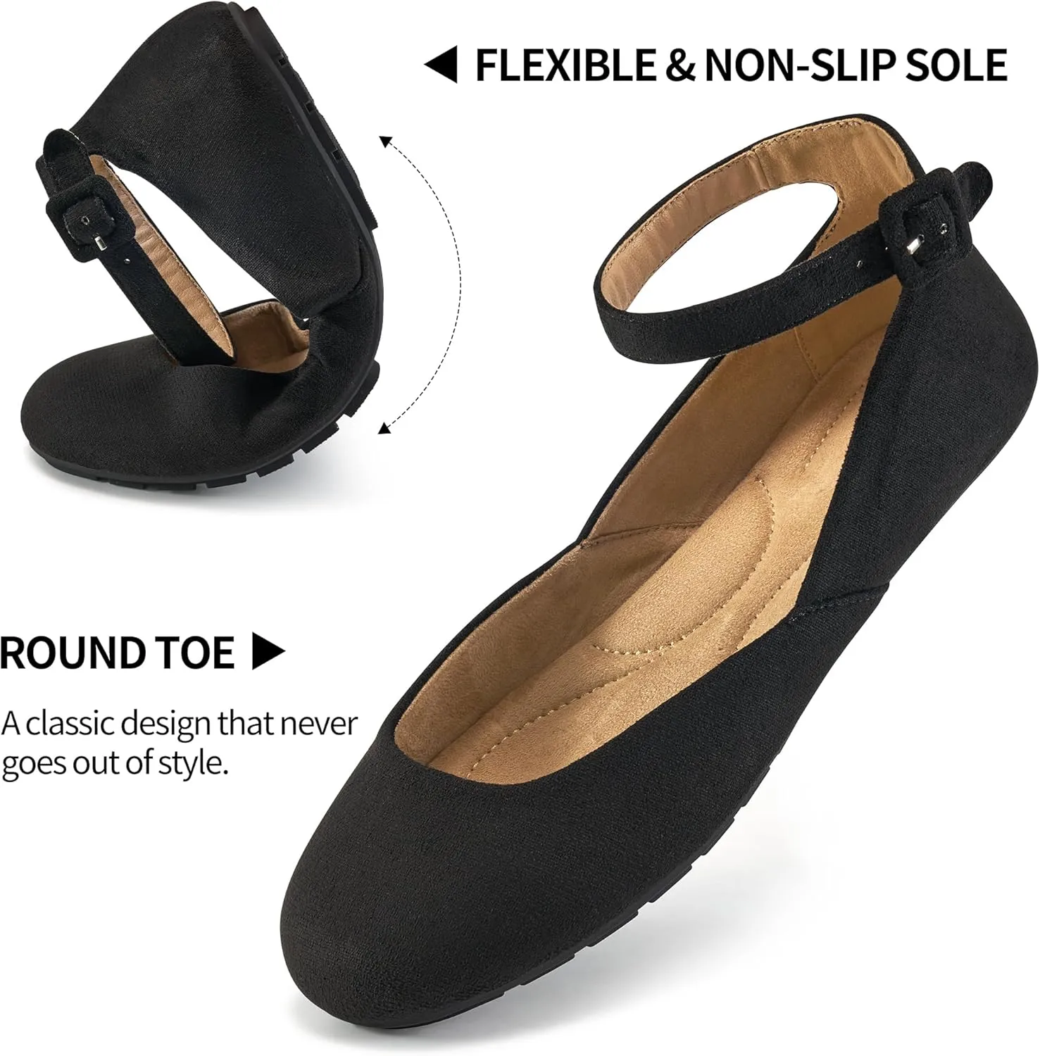 HARENCE Ballet Flats Shoes for Women: Comfortable Round Toe Ankle Strap Slip on Casual Dress Flat for Office Work Business