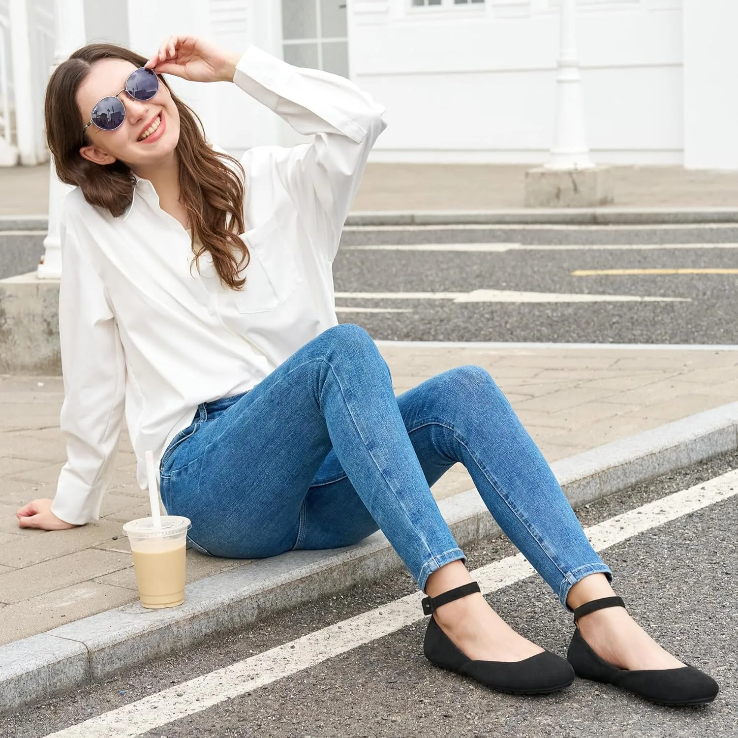 HARENCE Ballet Flats Shoes for Women: Comfortable Round Toe Ankle Strap Slip on Casual Dress Flat for Office Work Business
