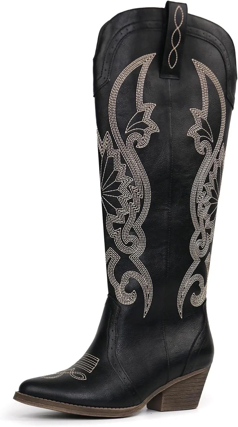 Hawkwell Women's Cowboy Cowgirl Boots Slip On Pointed Toe and Block Heel Shoes with Classic Embroidered Pull On Tall Boot for Ladies Dress Western Knee High Boots
