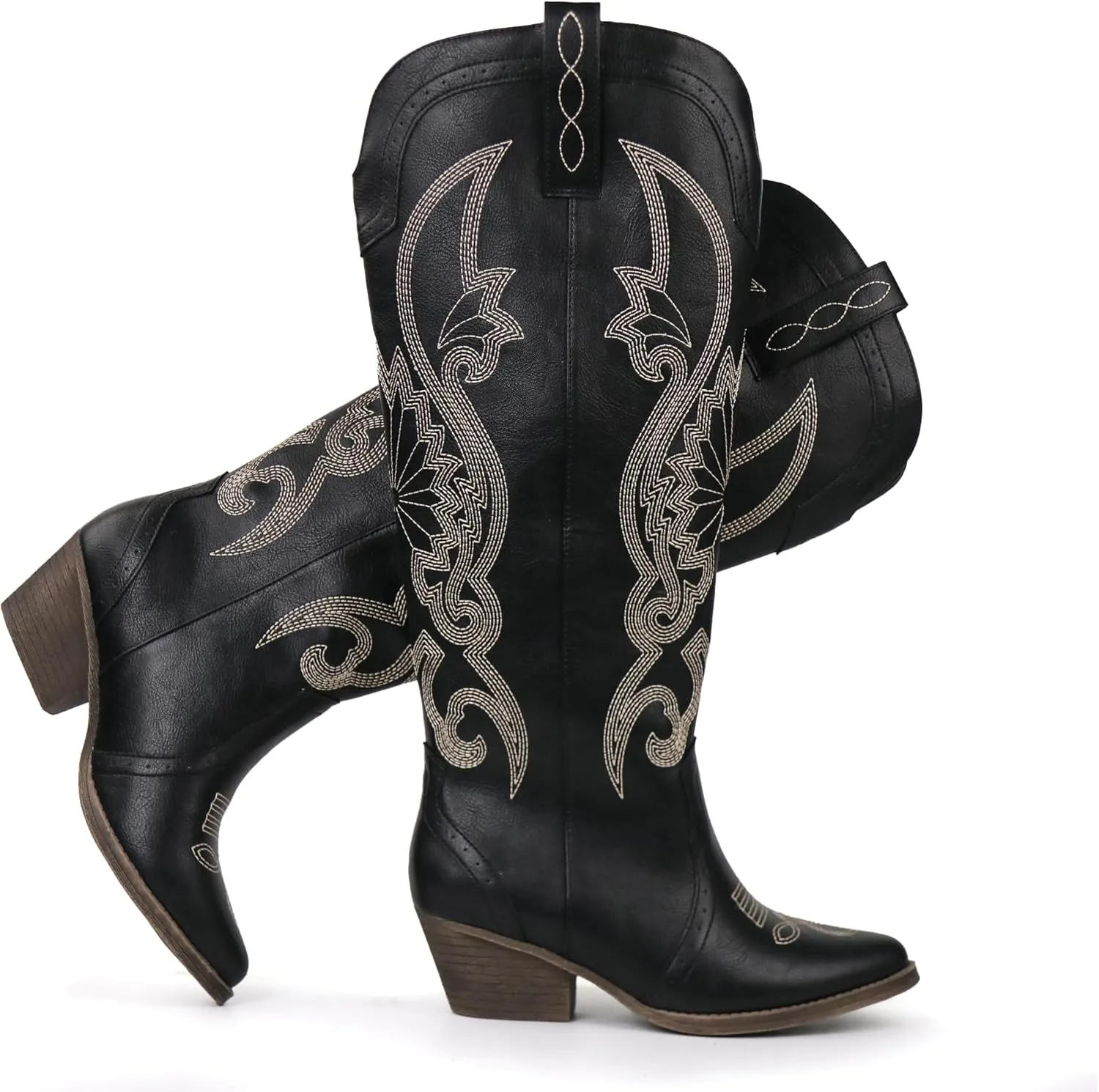 Hawkwell Women's Cowboy Cowgirl Boots Slip On Pointed Toe and Block Heel Shoes with Classic Embroidered Pull On Tall Boot for Ladies Dress Western Knee High Boots