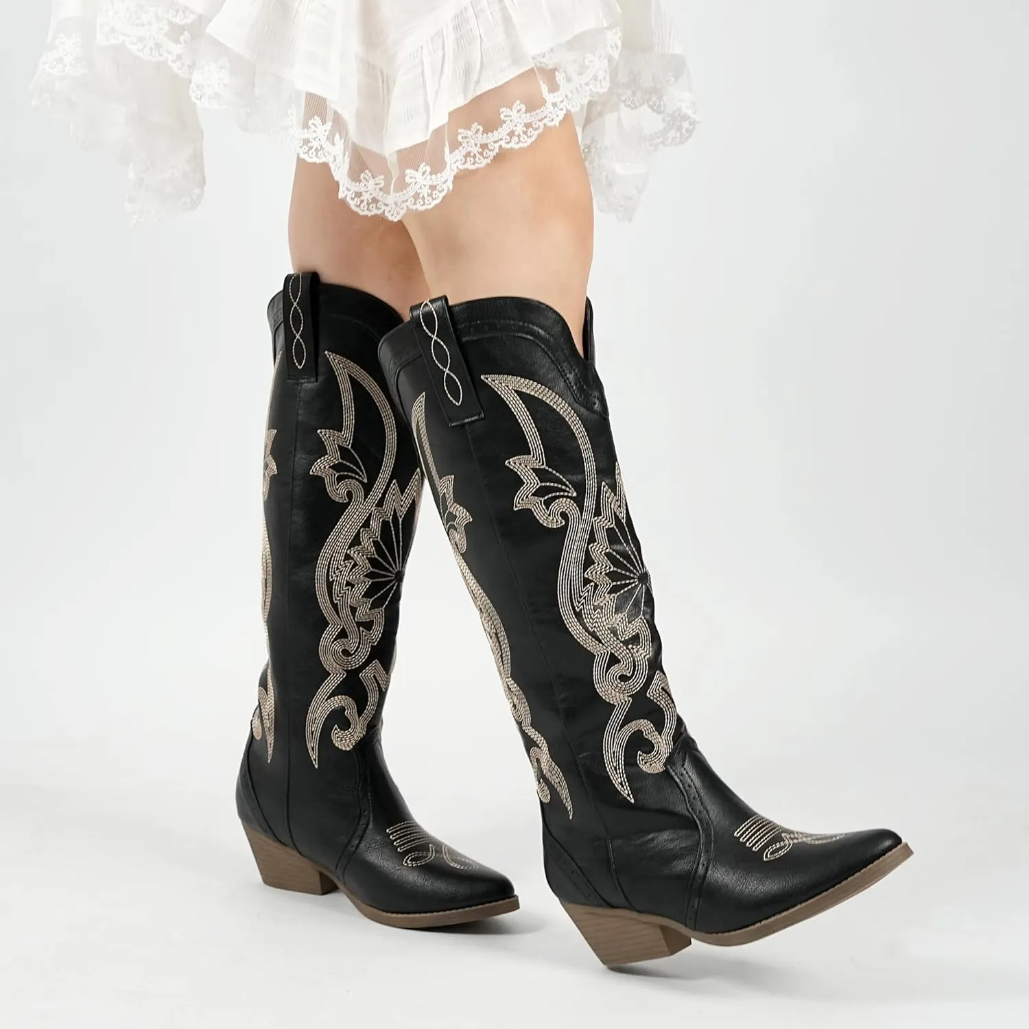 Hawkwell Women's Cowboy Cowgirl Boots Slip On Pointed Toe and Block Heel Shoes with Classic Embroidered Pull On Tall Boot for Ladies Dress Western Knee High Boots