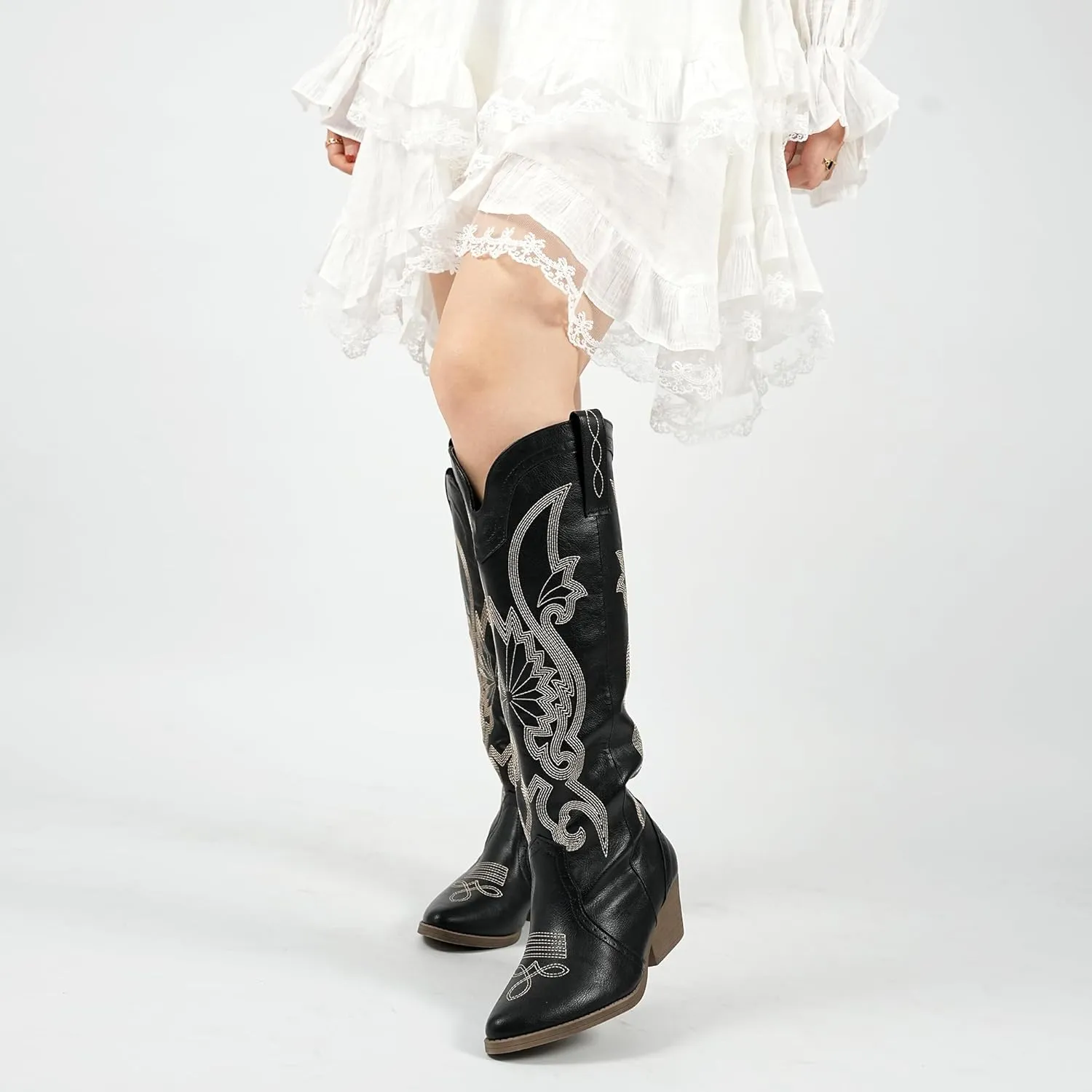 Hawkwell Women's Cowboy Cowgirl Boots Slip On Pointed Toe and Block Heel Shoes with Classic Embroidered Pull On Tall Boot for Ladies Dress Western Knee High Boots