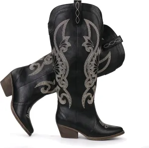 Hawkwell Women's Cowboy Cowgirl Boots Slip On Pointed Toe and Block Heel Shoes with Classic Embroidered Pull On Tall Boot for Ladies Dress Western Knee High Boots