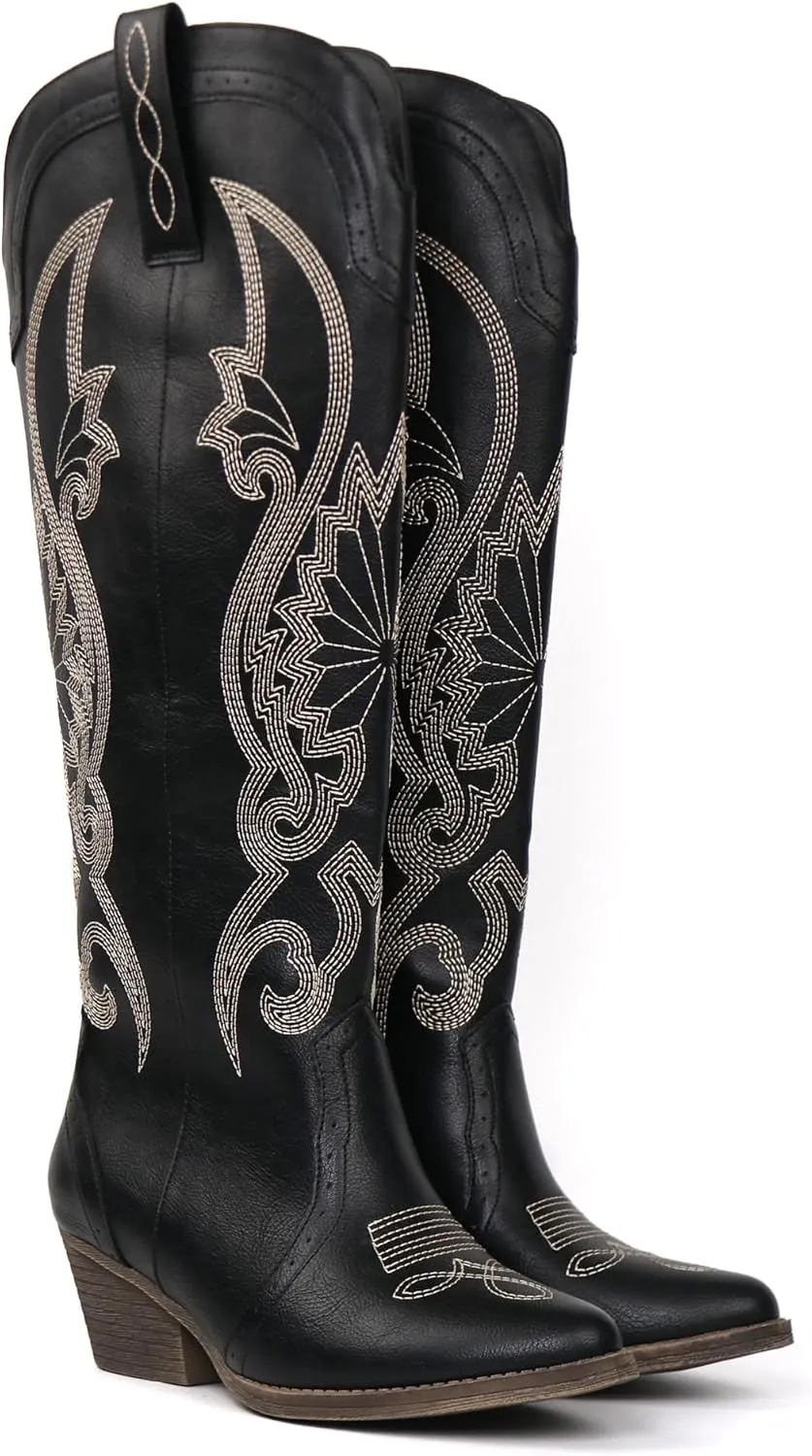 Hawkwell Women's Cowboy Cowgirl Boots Slip On Pointed Toe and Block Heel Shoes with Classic Embroidered Pull On Tall Boot for Ladies Dress Western Knee High Boots