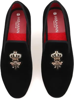 HI&HANN Bees Indian Silk Embroidery Men's Velvet Loafer Shoes Slip-on Loafer Round Toes Smoking Slipper